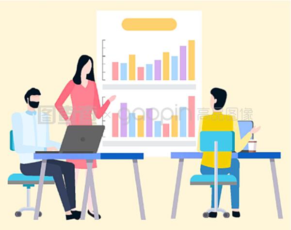 男女經(jīng)紀(jì)人分析交易并討論商業(yè)圖表上的銷售統(tǒng)計(jì)數(shù)據(jù)。矢量卡通人物和圖表。